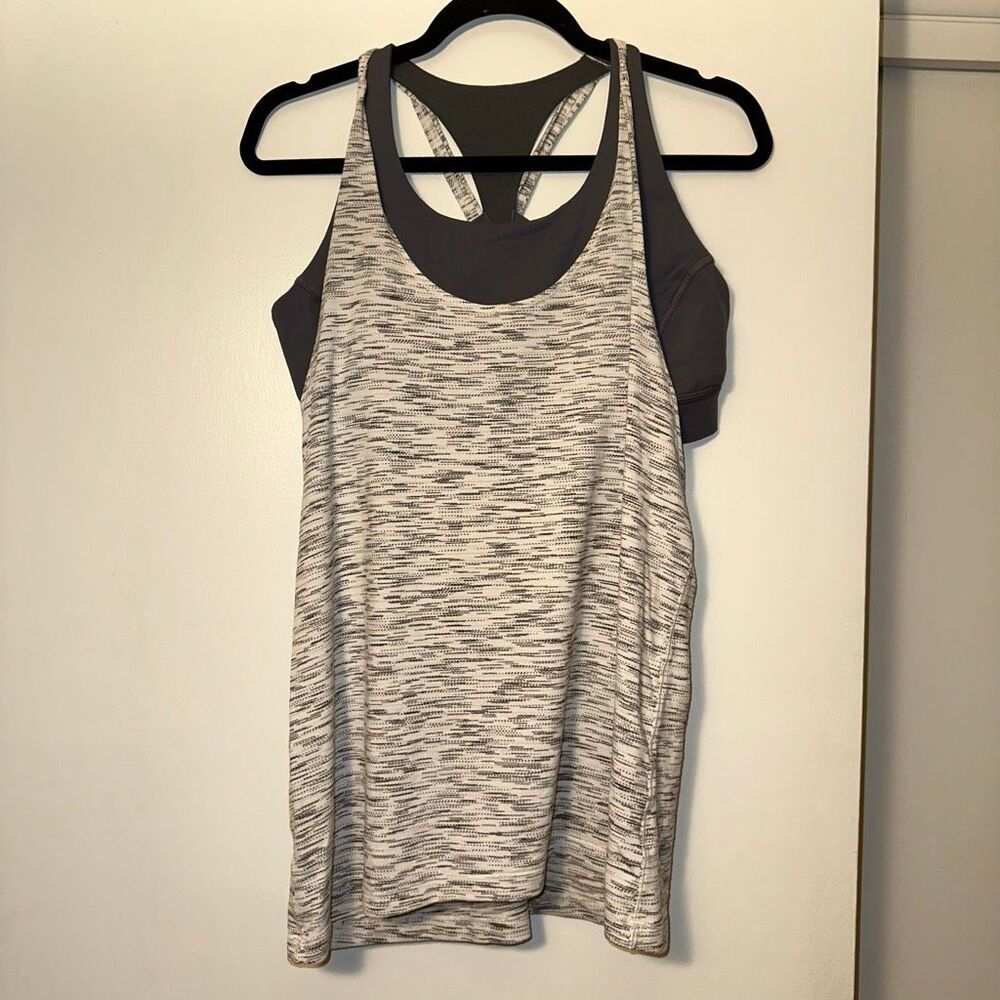 Lululemon Womens Sz 12 Twist & Toil Tank Top Space Dye Heathered White Black EUC